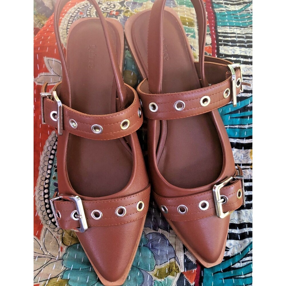 Quince Italian Leather Bold Buckle Slingback Flats Brown Cognac Womens Sz 8